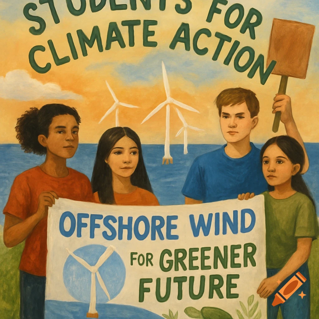Students hold banner about offshore wind power, windmills in background, painting style.