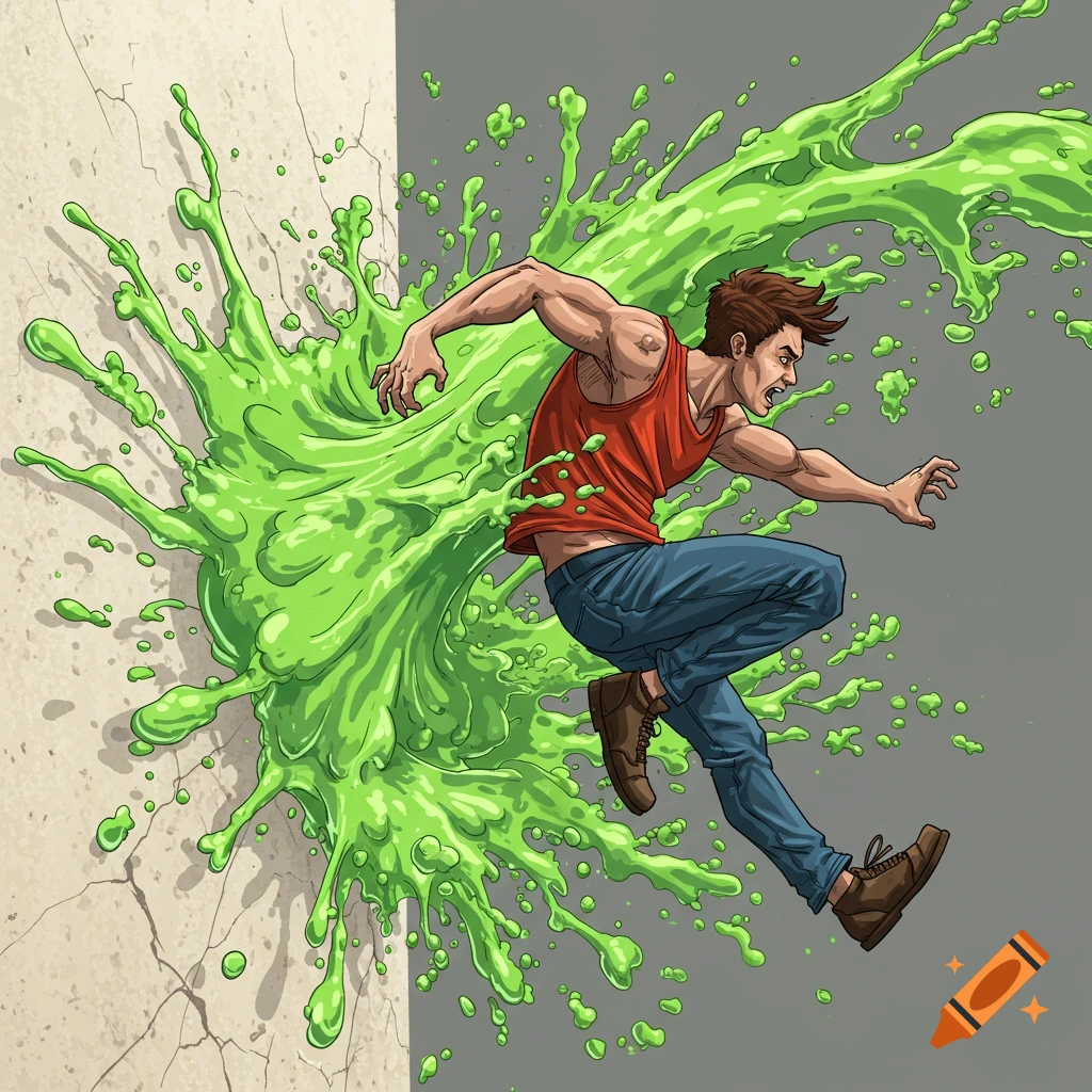 Comic illustration of a man bursting through a wall covered in green slime.