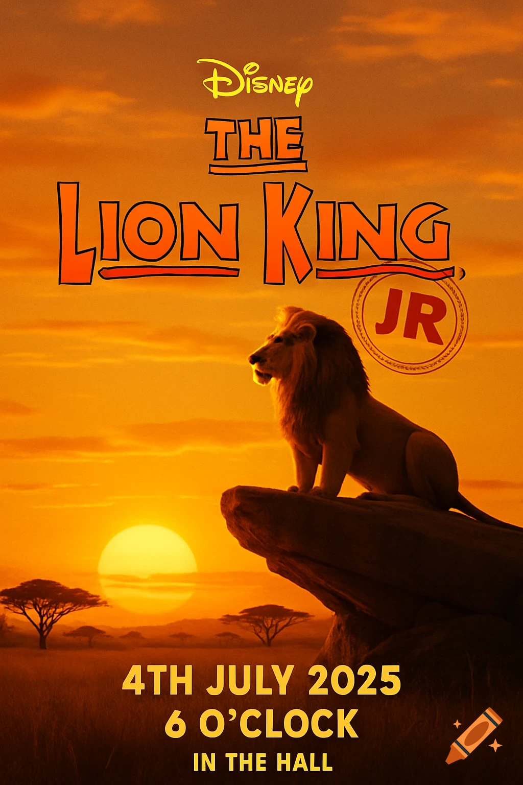 Poster for The Lion King JR. show featuring a lion on a rock at sunset with event details.