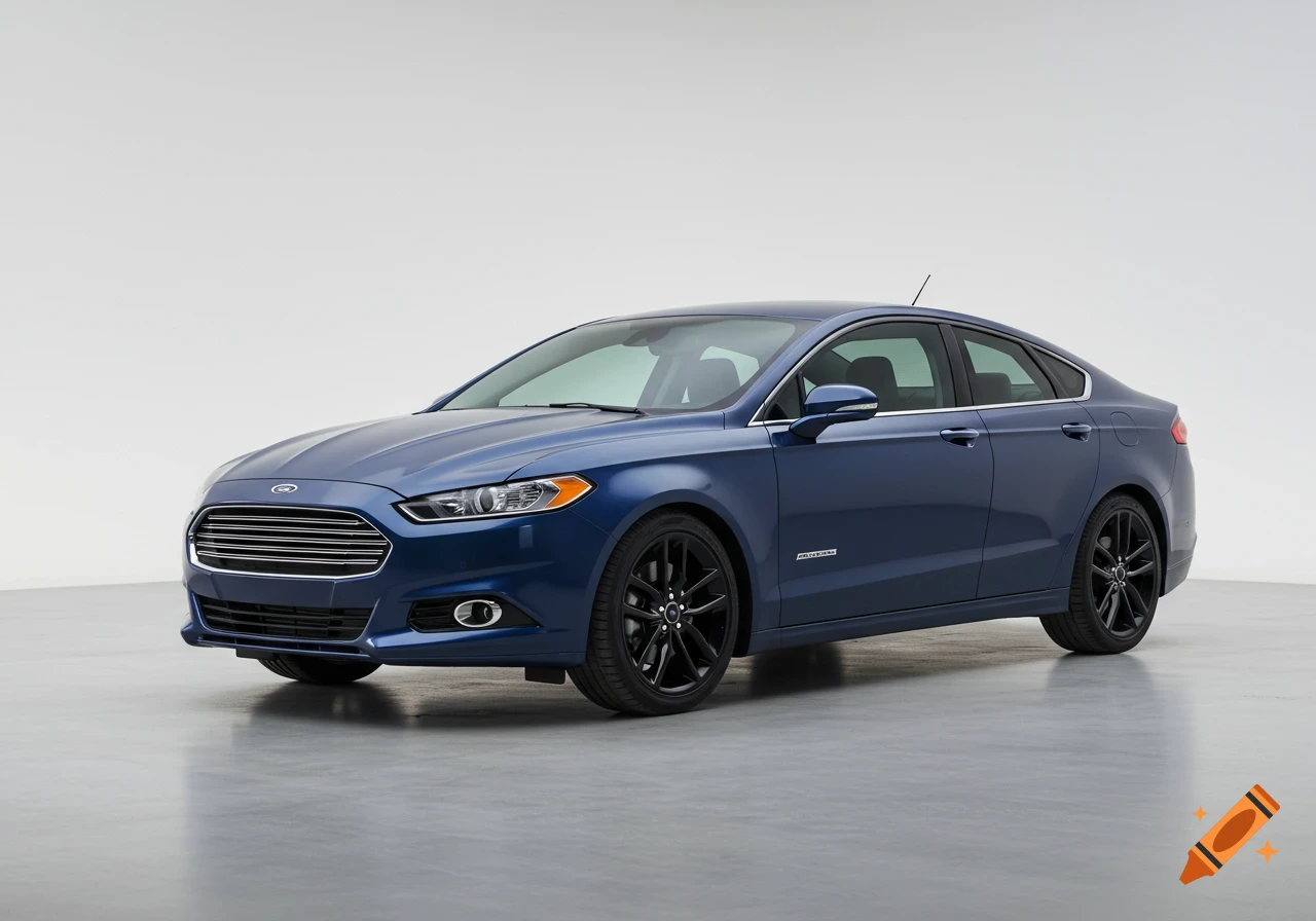 A blue Ford Fusion sedan in a studio.
