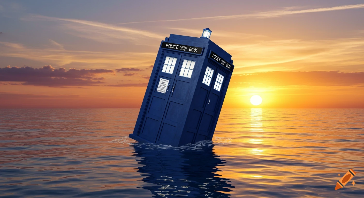 A blue TARDIS police box bobs in the ocean at sunset.
