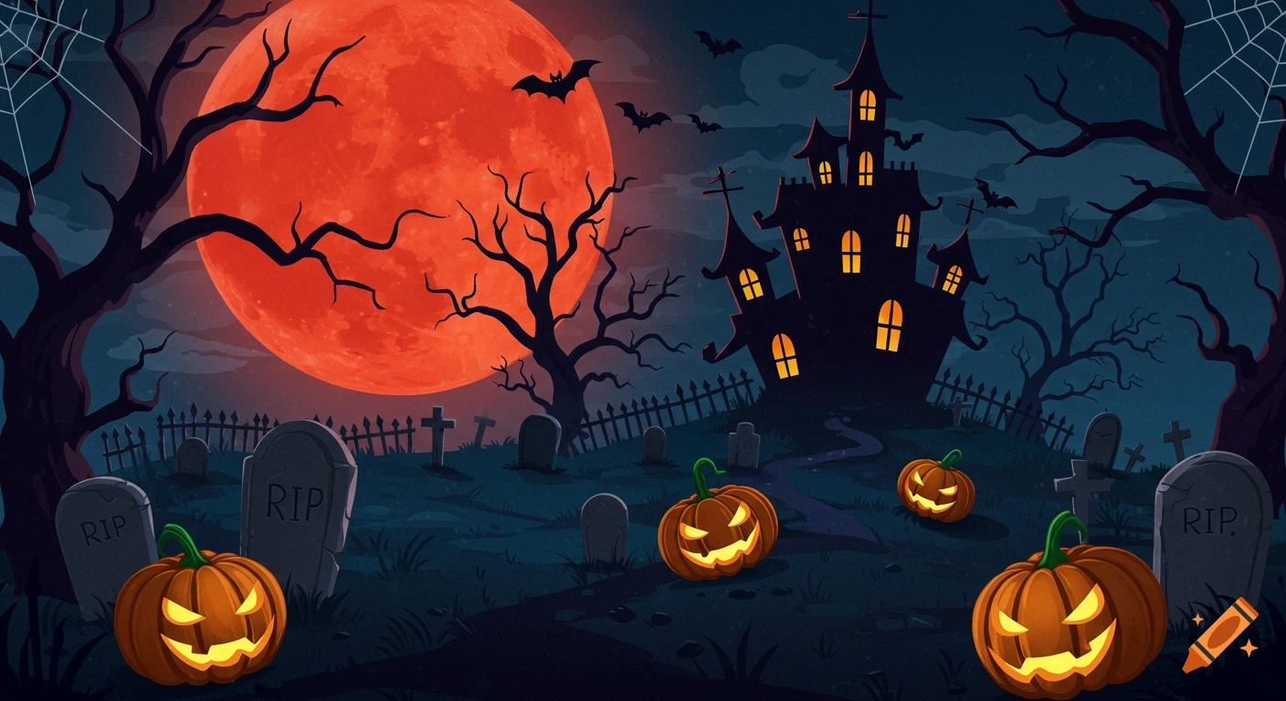 A 2D cartoon Halloween scene with a haunted house, jack-o'-lanterns, gravestones, bats, and a large red moon.