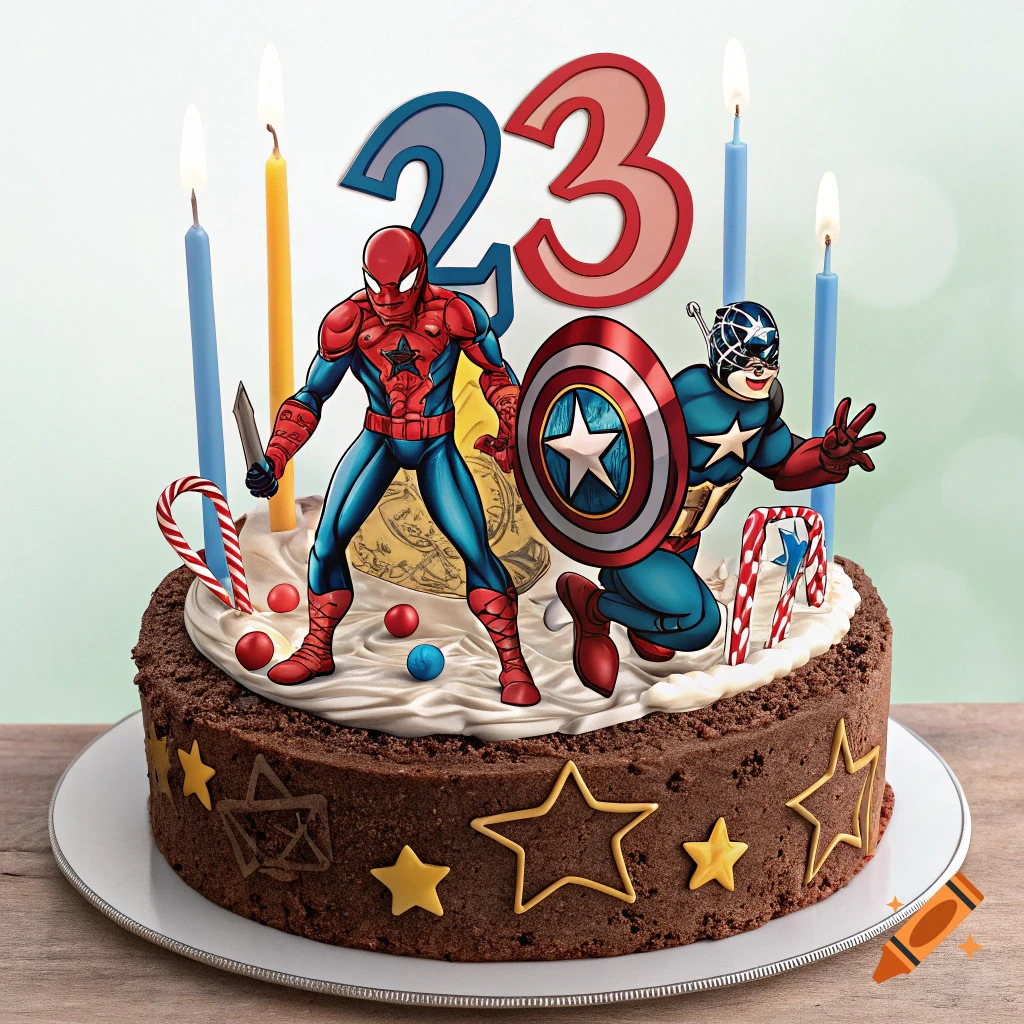 A birthday cake decorated with Spider-Man, Captain America, candles, and the number 23.