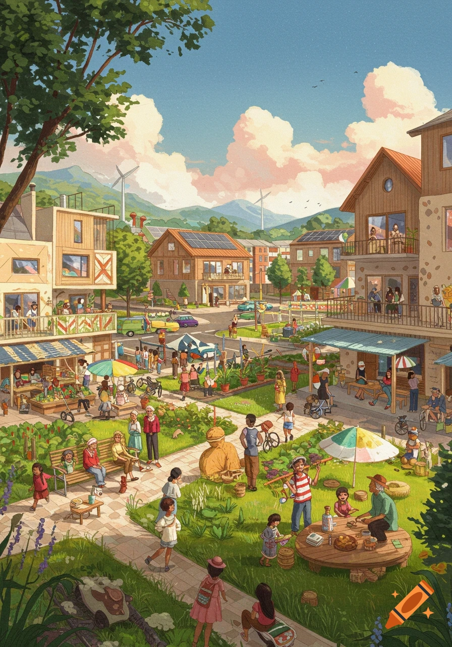 Illustrative scene of a bustling community gathering in a green space with gardens, market, and eco-friendly buildings.