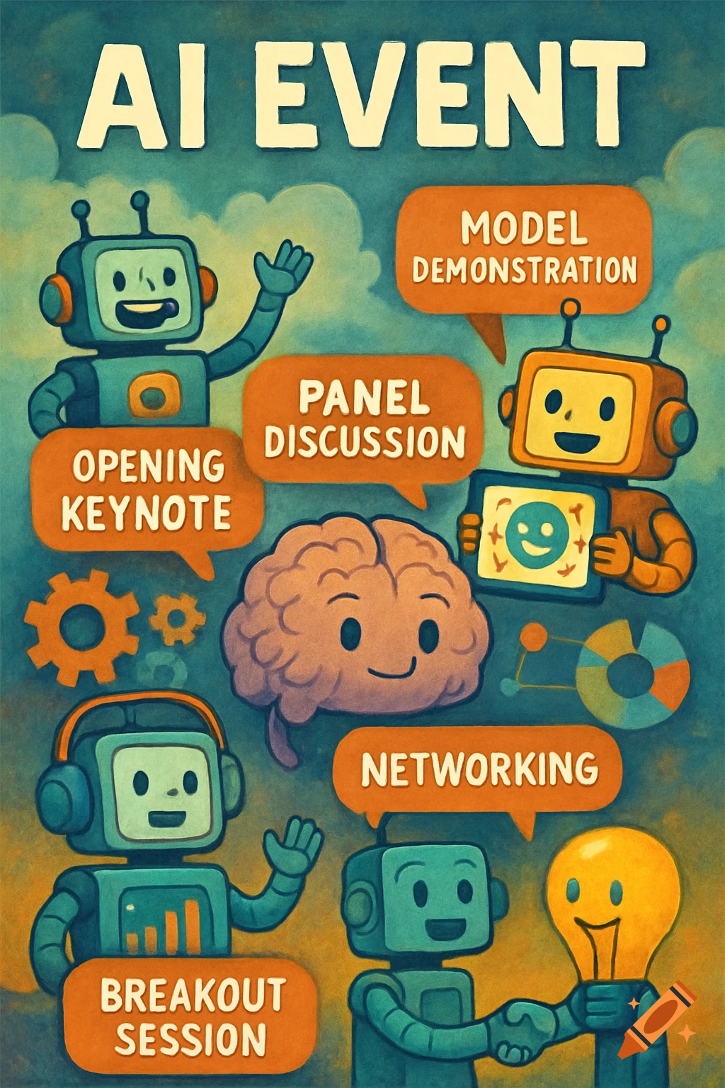 Cartoon illustration of robots, a brain, and a lightbulb with text bubbles listing AI event sessions.