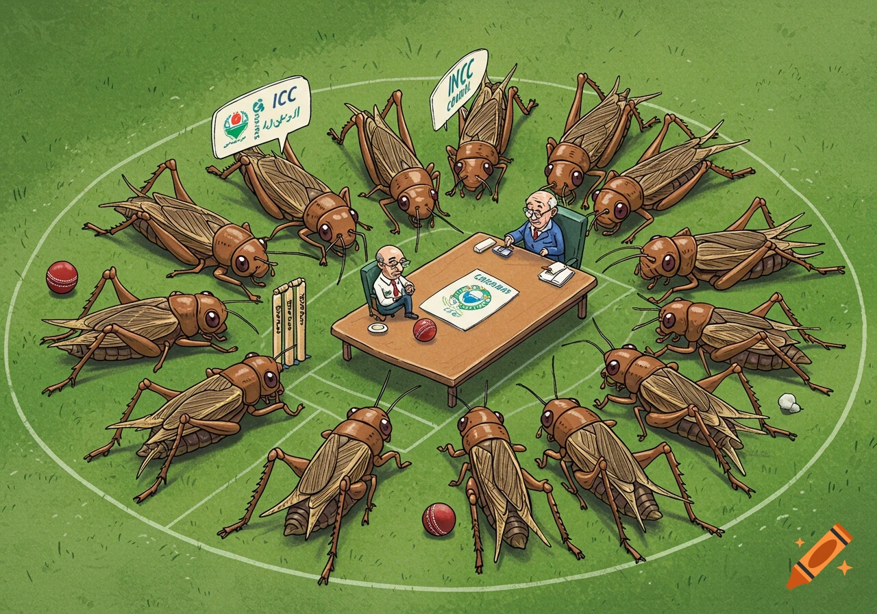 Cartoon illustration of large crickets and two men in a meeting on a cricket field