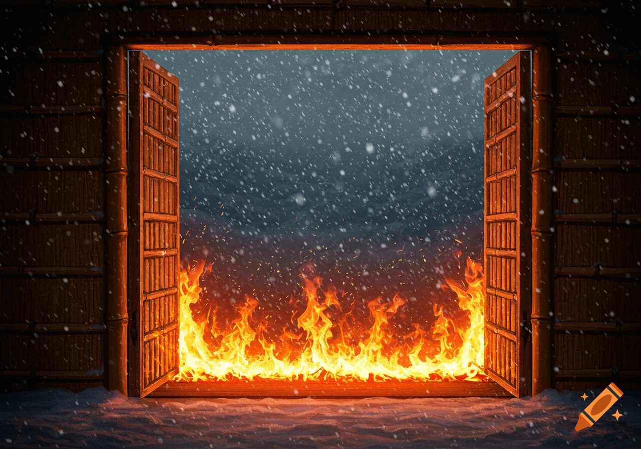 An open bamboo door reveals roaring flames inside, while heavy snow falls outside.