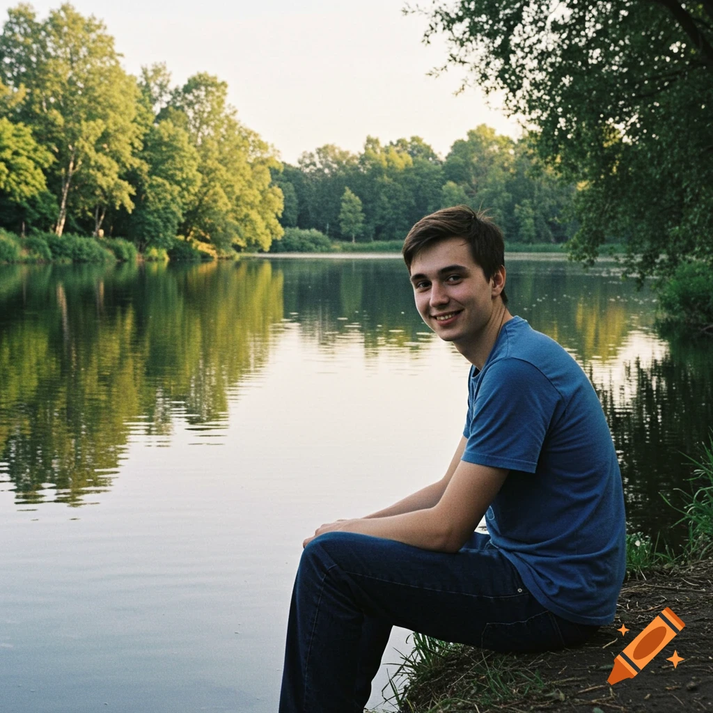 A young man sits by a lake, smiling.