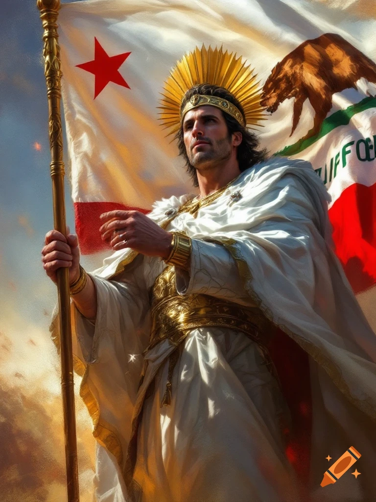 A man in regal white and gold robes holds a large California flag against a cloudy sky.