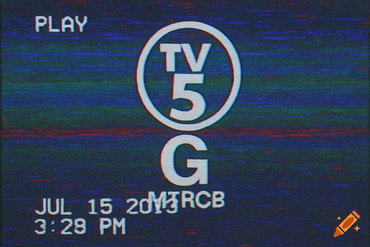 Vintage TV screen with 'TV 5 G' rating, timecode, and VHS glitch effects.