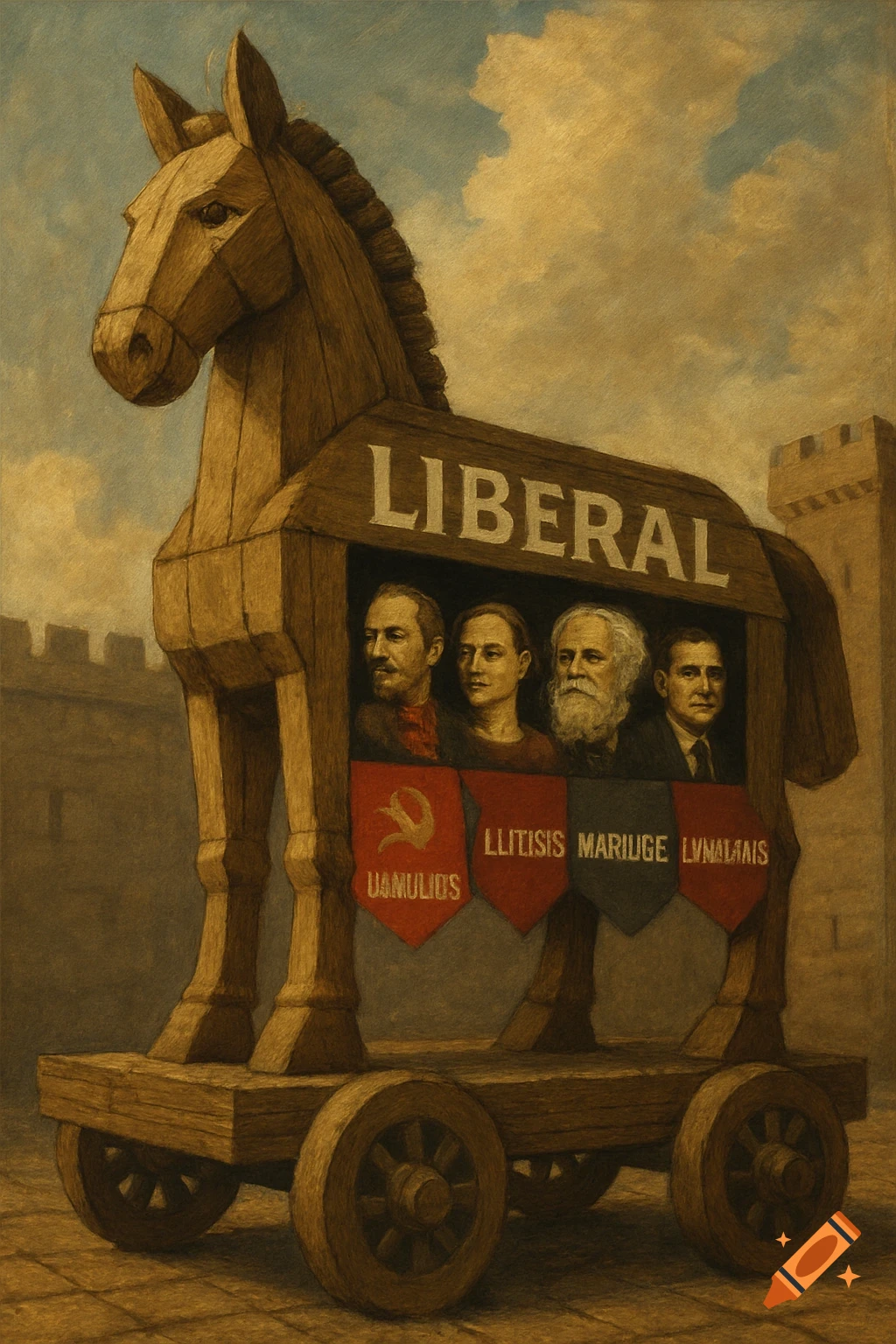A painting of a large wooden Trojan horse labeled "LIBERAL" with four men looking out from inside, and banners below featuring symbols including a hammer and sickle.
