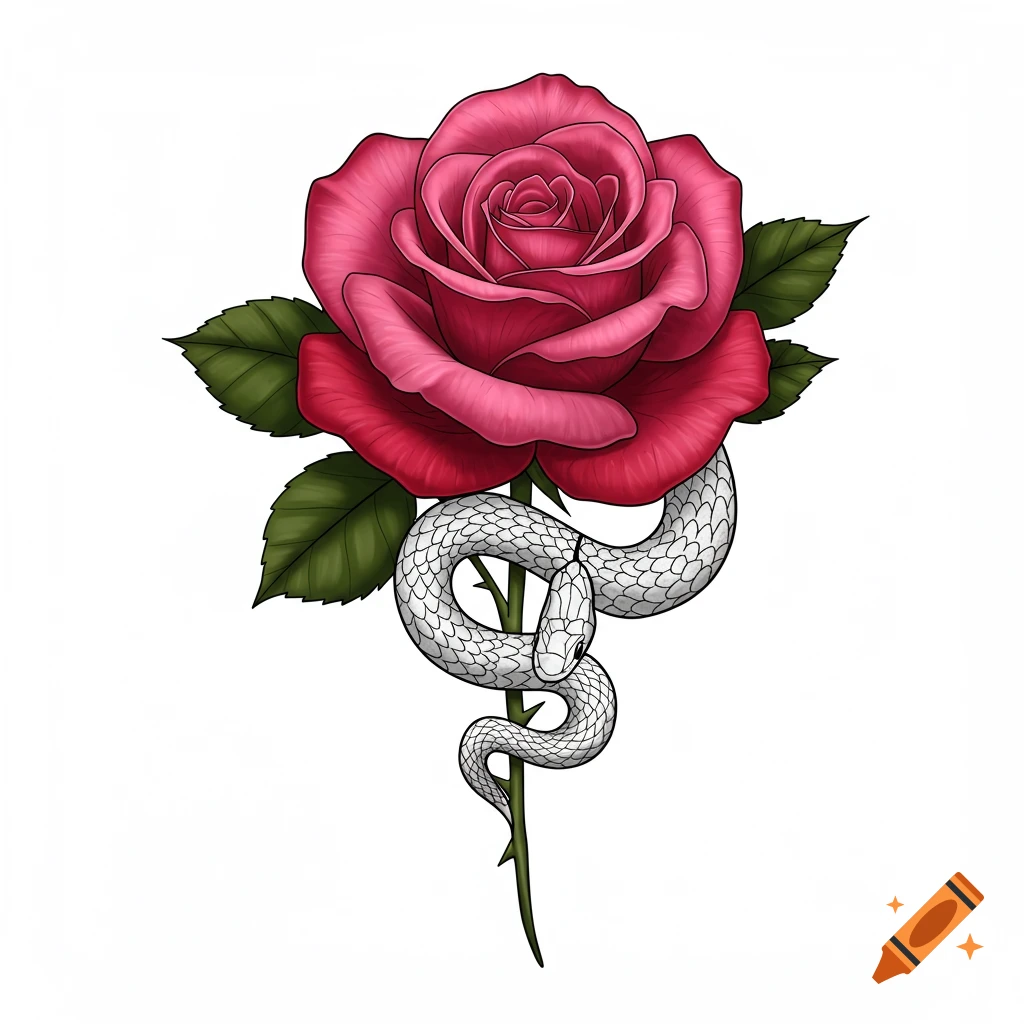 Illustration of a pink rose with a white snake wrapping around its stem on a white background.