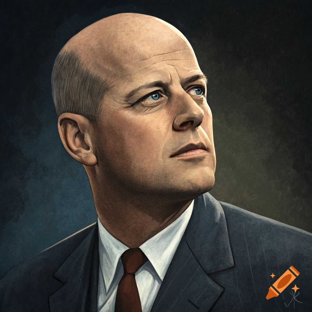 Portrait of a bald man in a suit looking up in a painterly style.