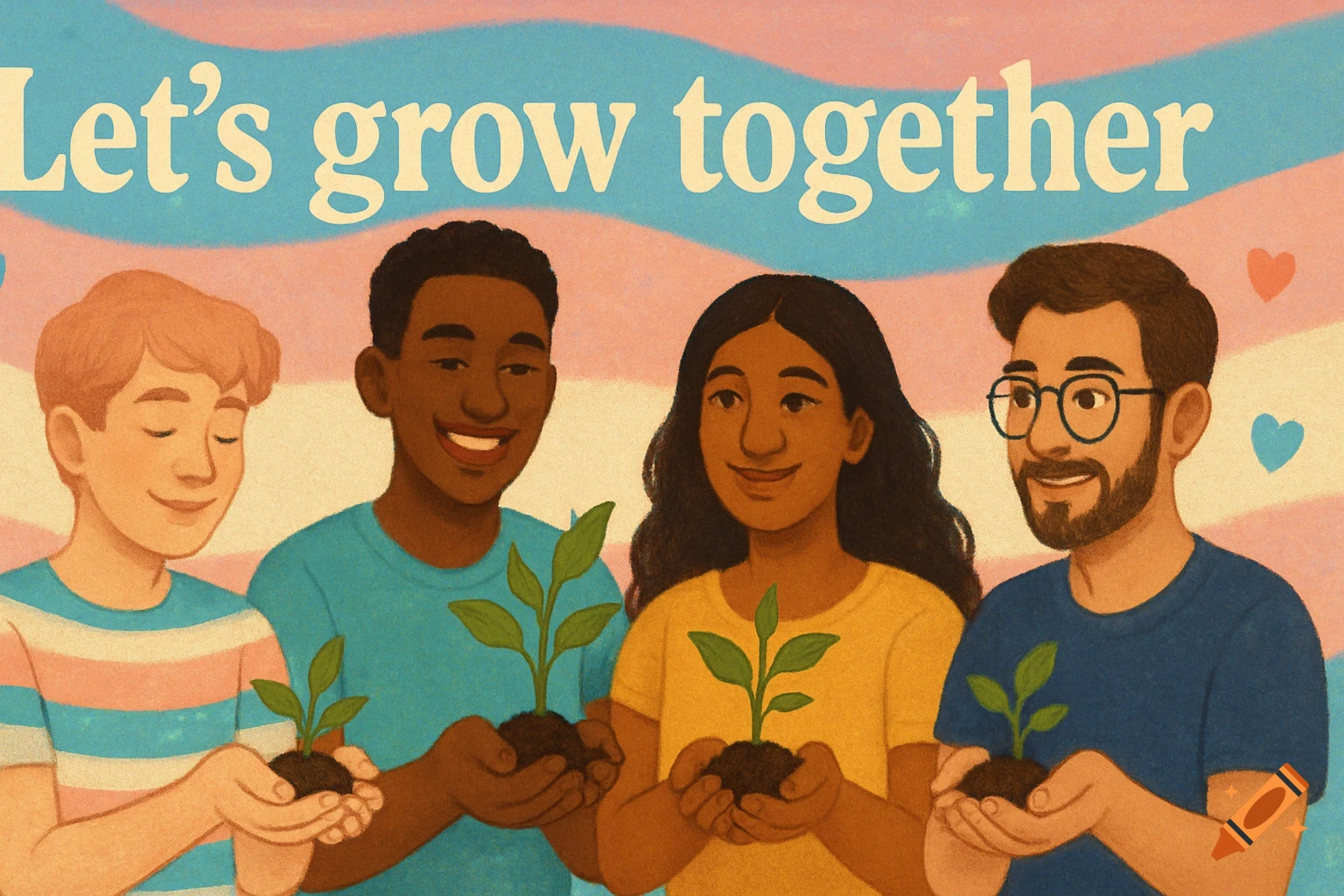 Diverse people hold plants under a banner saying 'Let's grow together' with pride colors in the background.