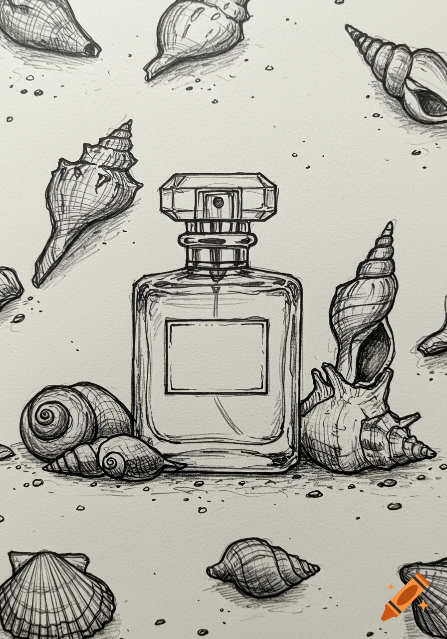 A sketch of a perfume bottle surrounded by seashells on sand.