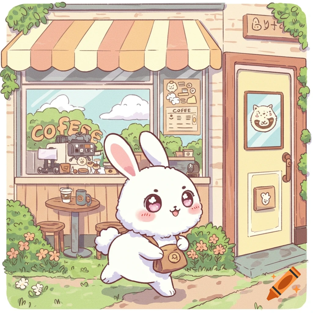 Cute cartoony bunny walks towards a coffee shop.