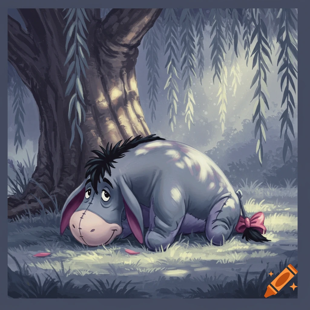 Illustration of Eeyore the donkey sitting under a tree in a forest clearing with dappled sunlight