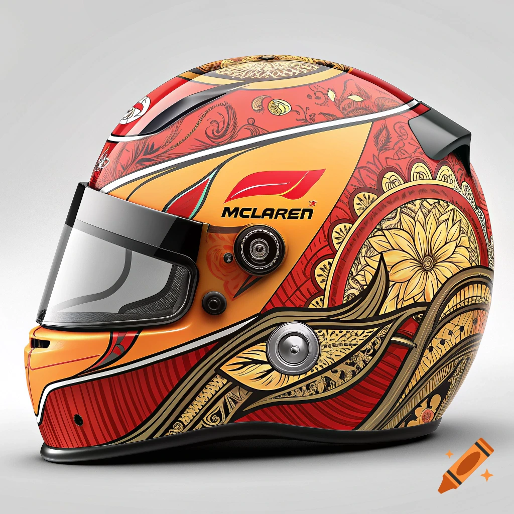 A racing helmet with complex red, orange, and gold patterns, featuring the McLaren logo.