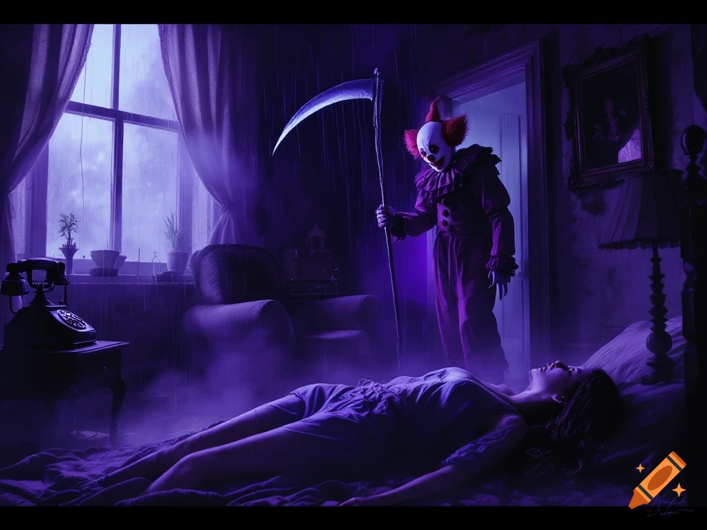 A clown with a scythe stands in a doorway overlooking a person lying on a bed in a dark, foggy room with purple lighting. Rain falls outside a window.