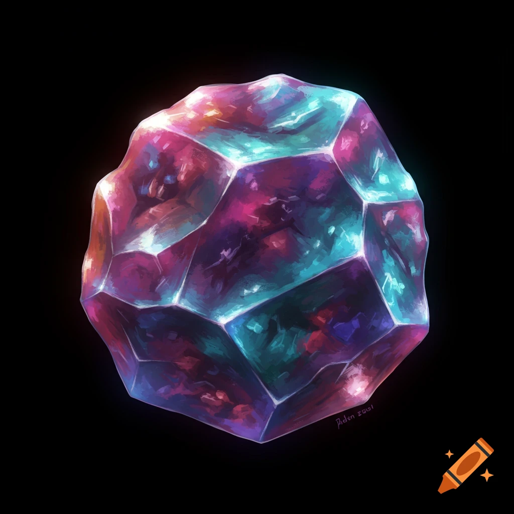 A vibrant, faceted abstract crystal or gem glowing with pink, purple, and cyan light on a black background.