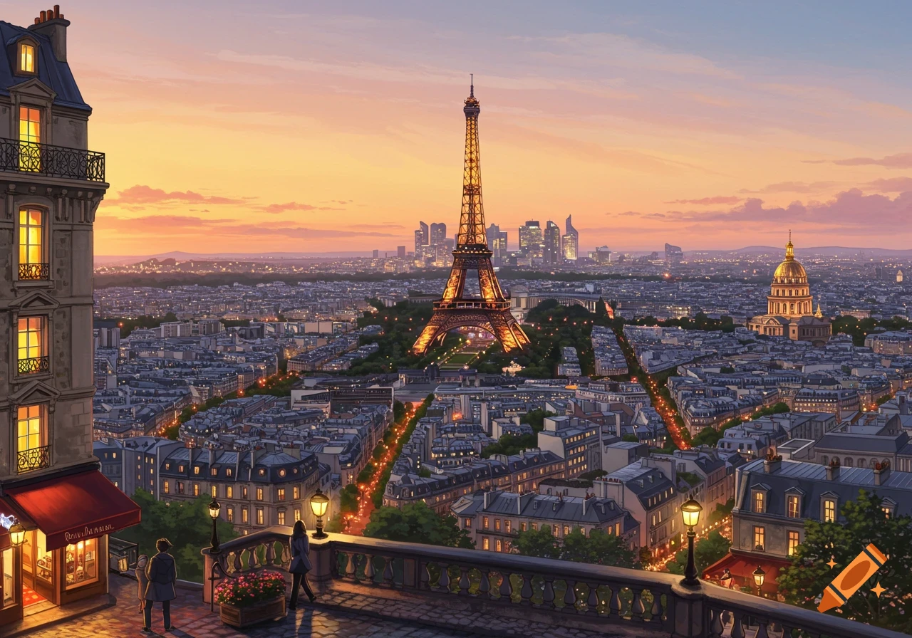 Illustrative view of the Paris skyline with the Eiffel Tower at sunset from a balcony.
