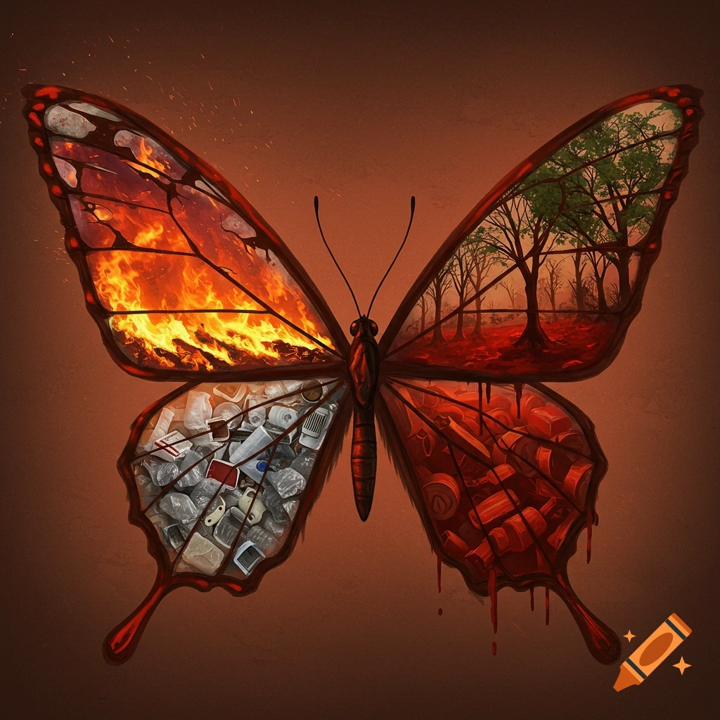 A surreal butterfly with its wings depicting fire, plastic trash, cut trees, and dripping red liquid.