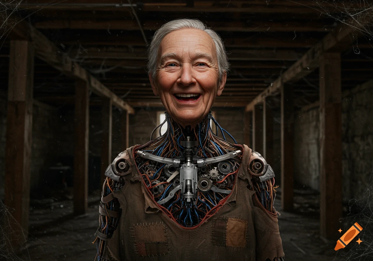 Smiling old human-like robot with wires and gears in a dark basement