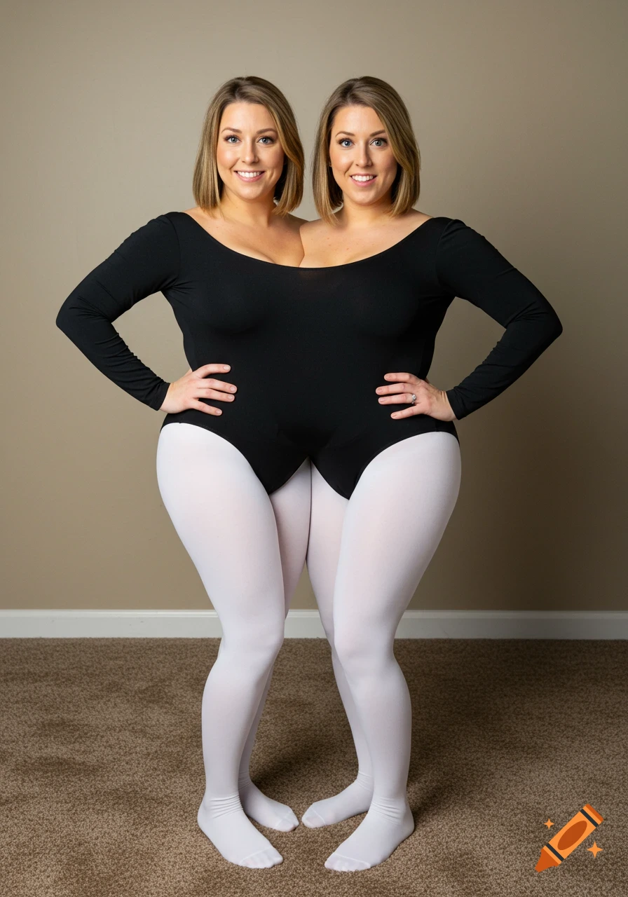 Two women merged into one body with two heads, wearing a black leotard and white tights.