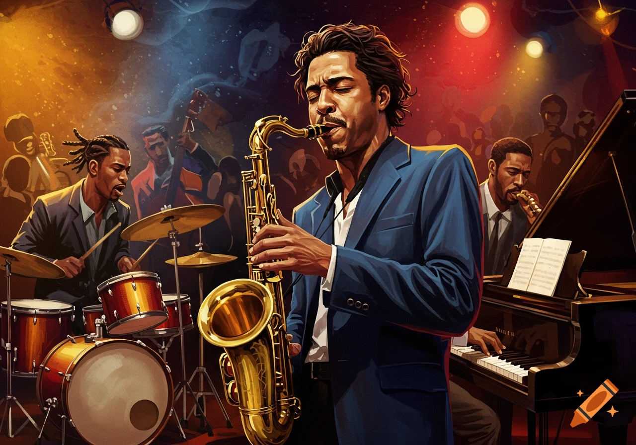 A jazz band playing on a stage, featuring a saxophonist in the foreground. Digital painting style.