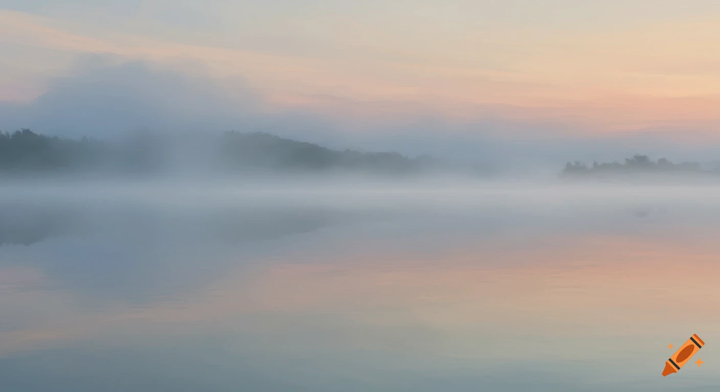 A foggy lake at sunrise.