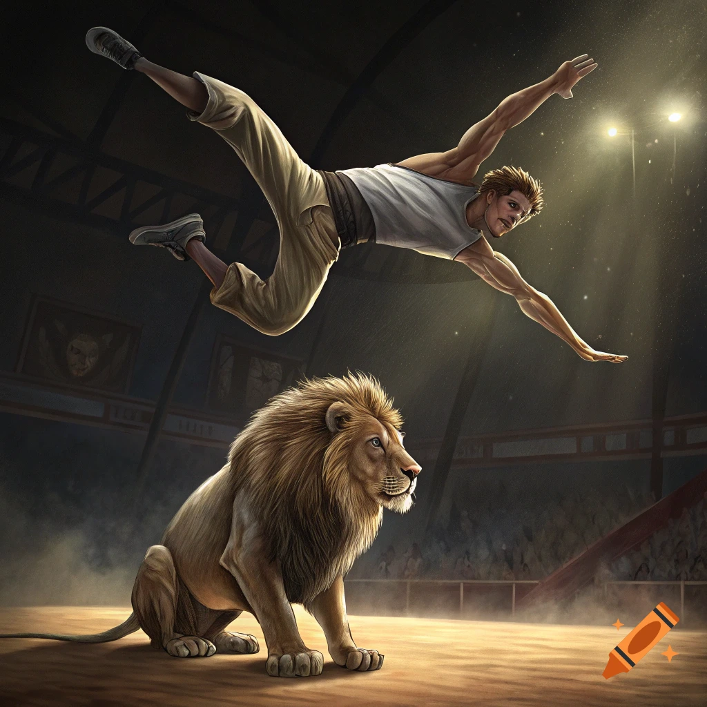 Illustrative painting of a man doing a backflip over a seated lion in a circus ring.