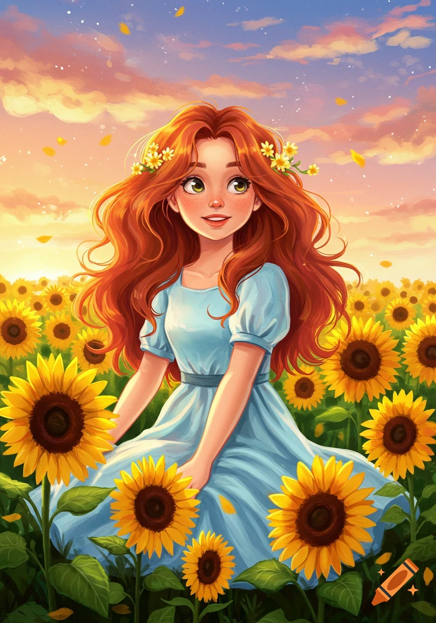 Illustration of a red-haired girl wearing a flower crown in a field of sunflowers at sunset.
