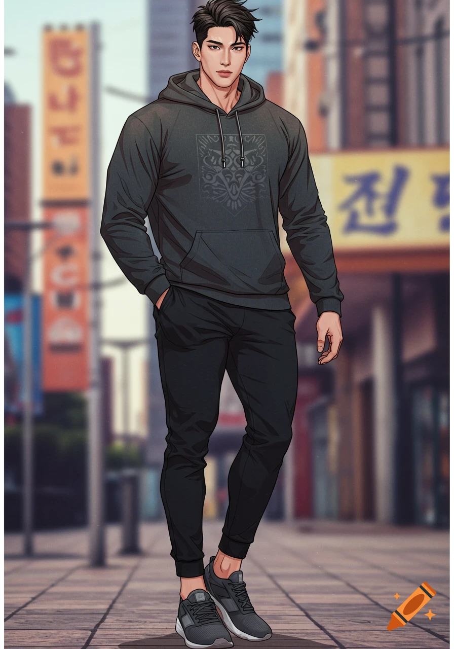 Man in charcoal grey hoodie and black sweatpants stands on city street in manhwa style illustration