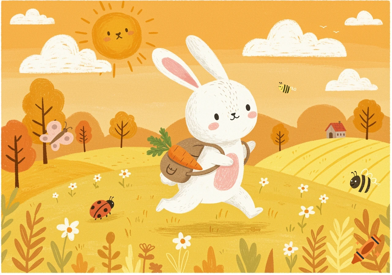 Cute storybook illustration of a white bunny with a carrot backpack hopping through a sunny field with flowers, bees, a ladybug, and a butterfly.