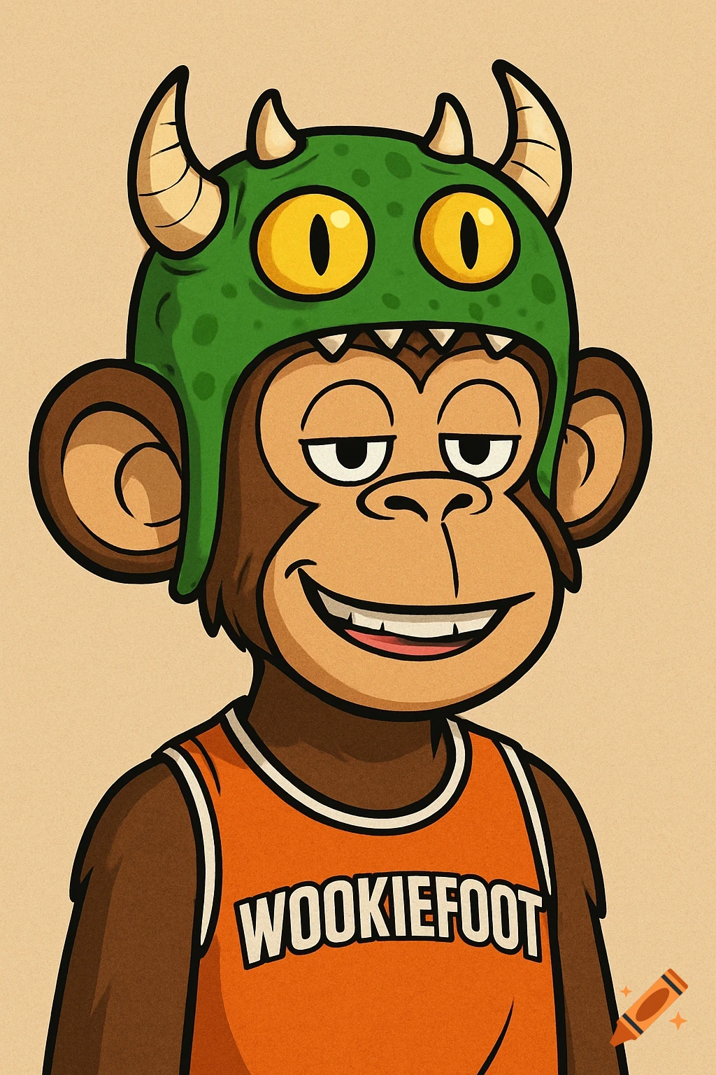 A cartoon monkey wearing a green monster hat with horns and yellow eyes, and an orange sports jersey that says 'WOOKIEFOOT'.