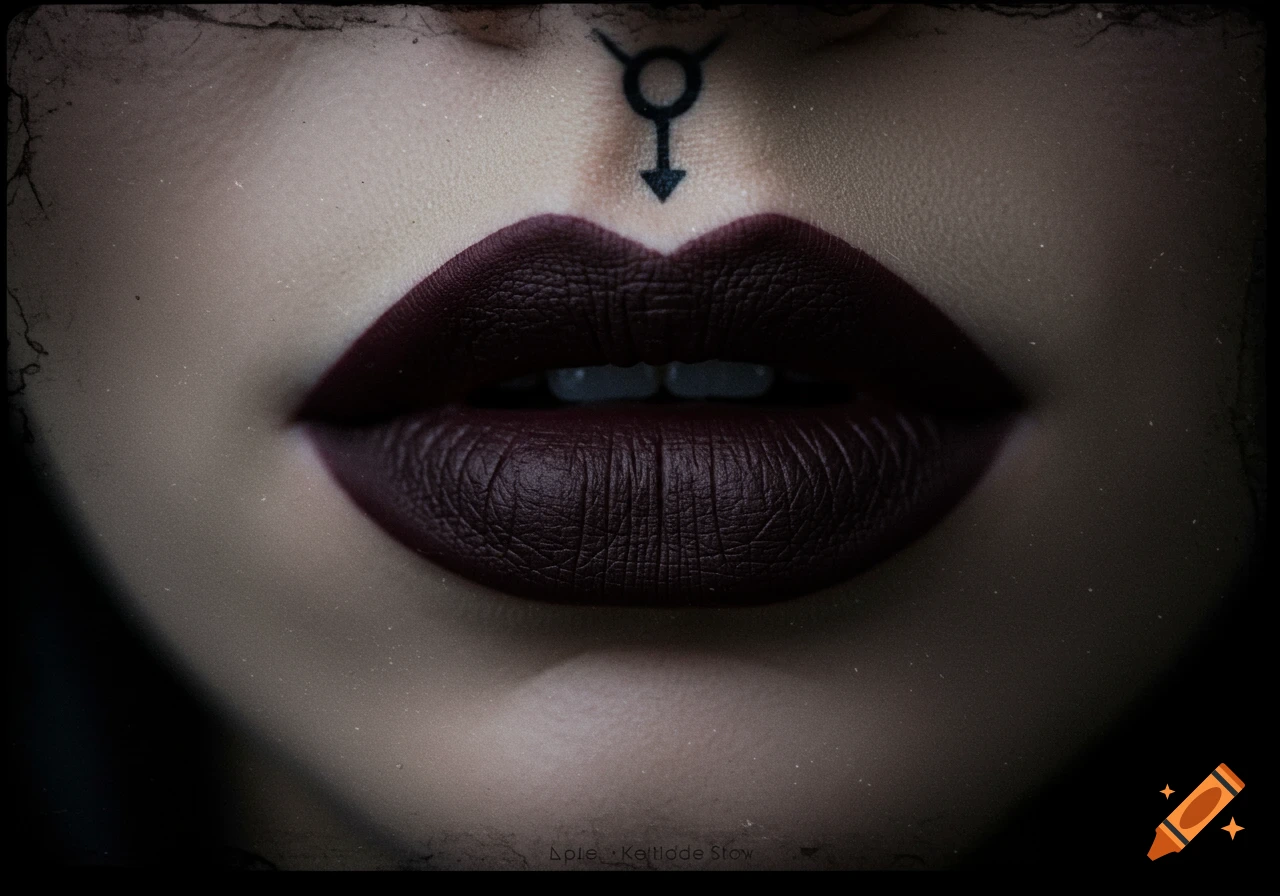 Close-up of a person's lips with dark gothic lipstick and a symbol ...