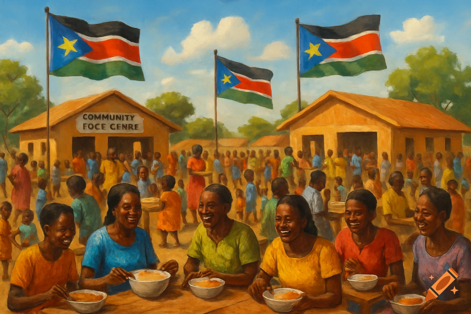 Painted scene of a community gathering with people eating, buildings, and South Sudan flags.