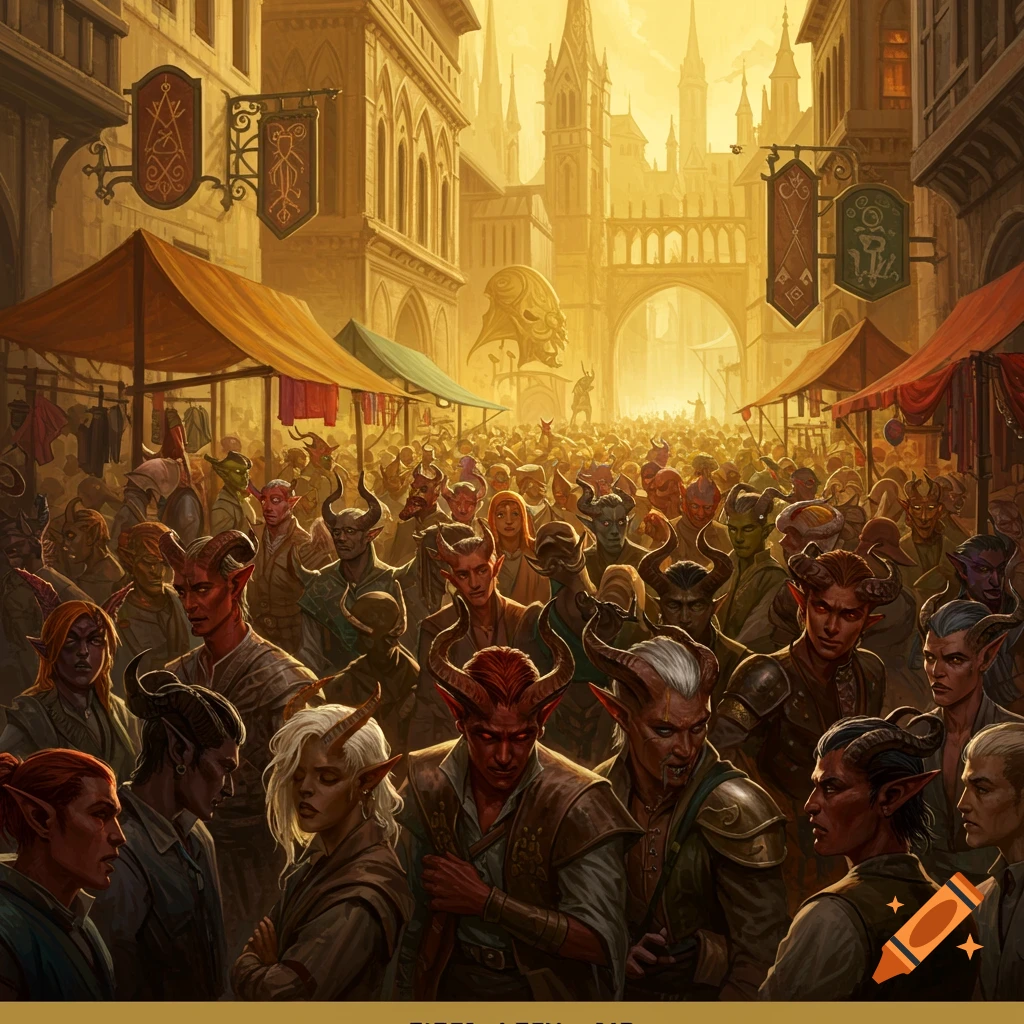 A large crowd of fantasy humanoids with horns and tails gather in a busy market street under a golden sky.