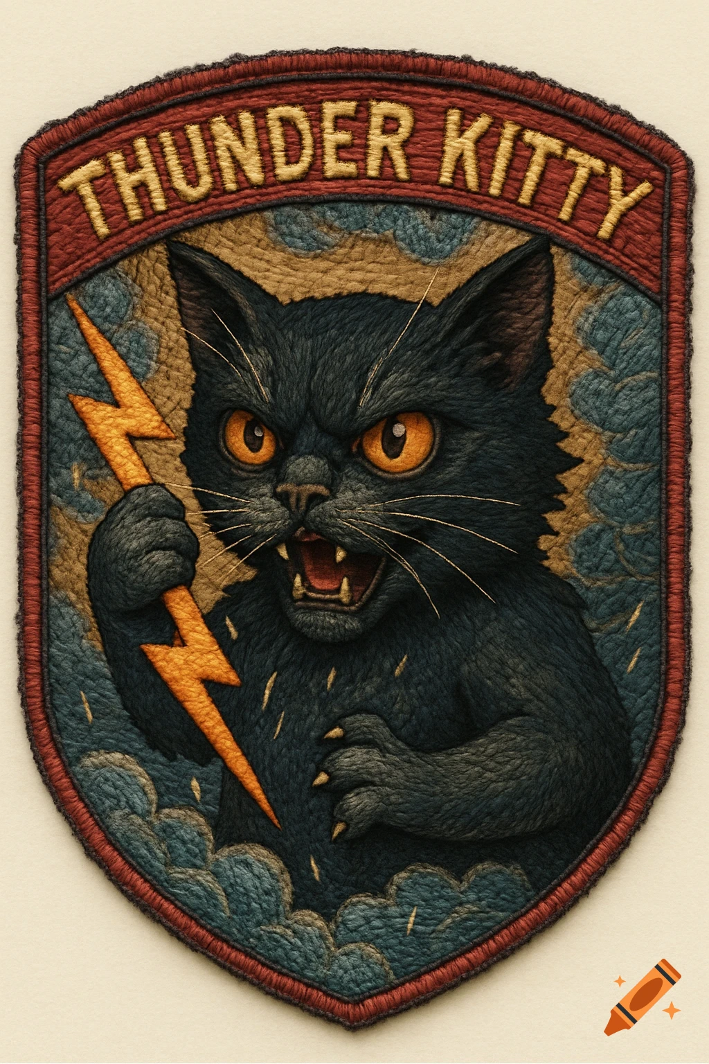 Embroidered patch of an angry black cat holding a lightning bolt with 'THUNDER KITTY' text.