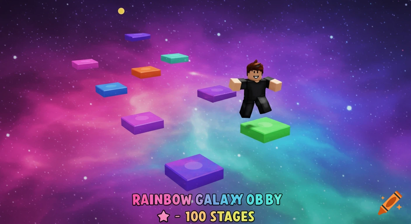 A Roblox character jumps across rainbow platforms in a starry galaxy background with game text.