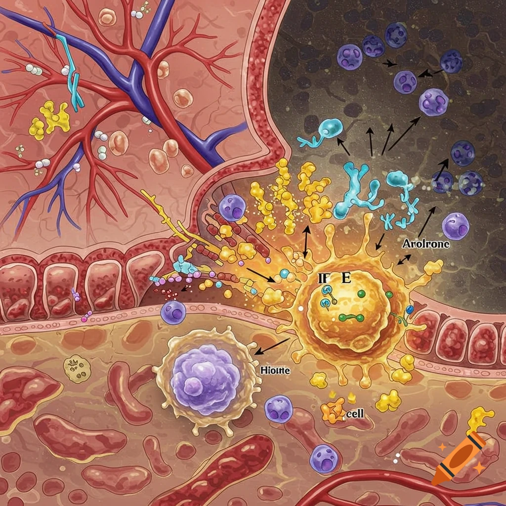 Detailed medical illustration showing an immune response with cells and molecules in tissue.