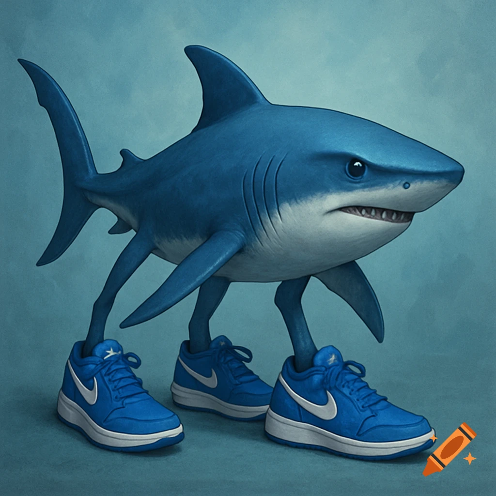 A blue shark with four legs walks, wearing blue sneakers.