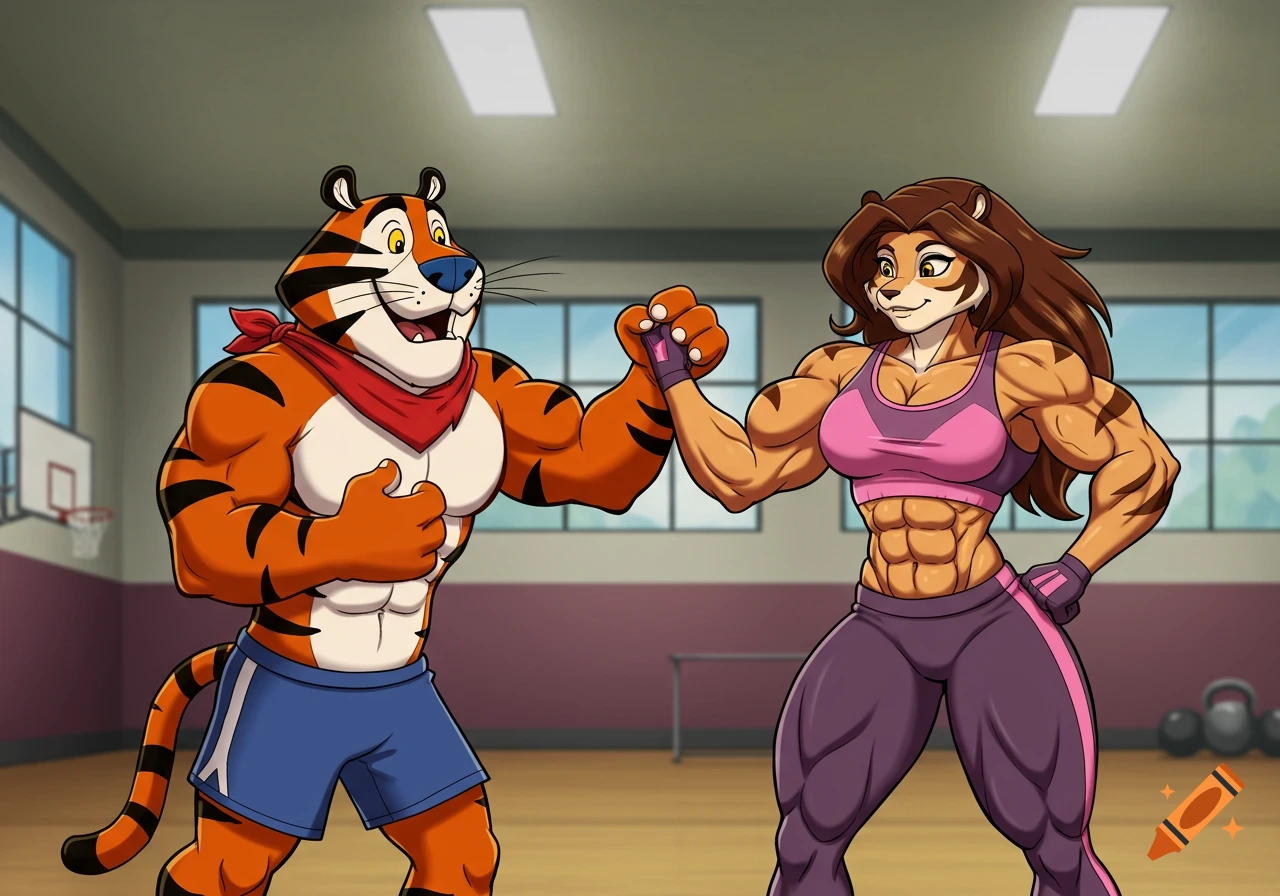 Tony the Tiger shaking hands with a muscular female tigress in a gym, cartoon style.