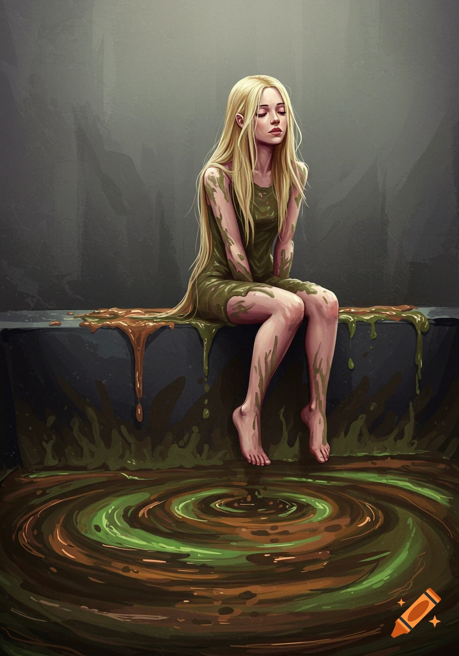 Blonde woman covered in green and brown slime, sitting above swirling goo, digital art.