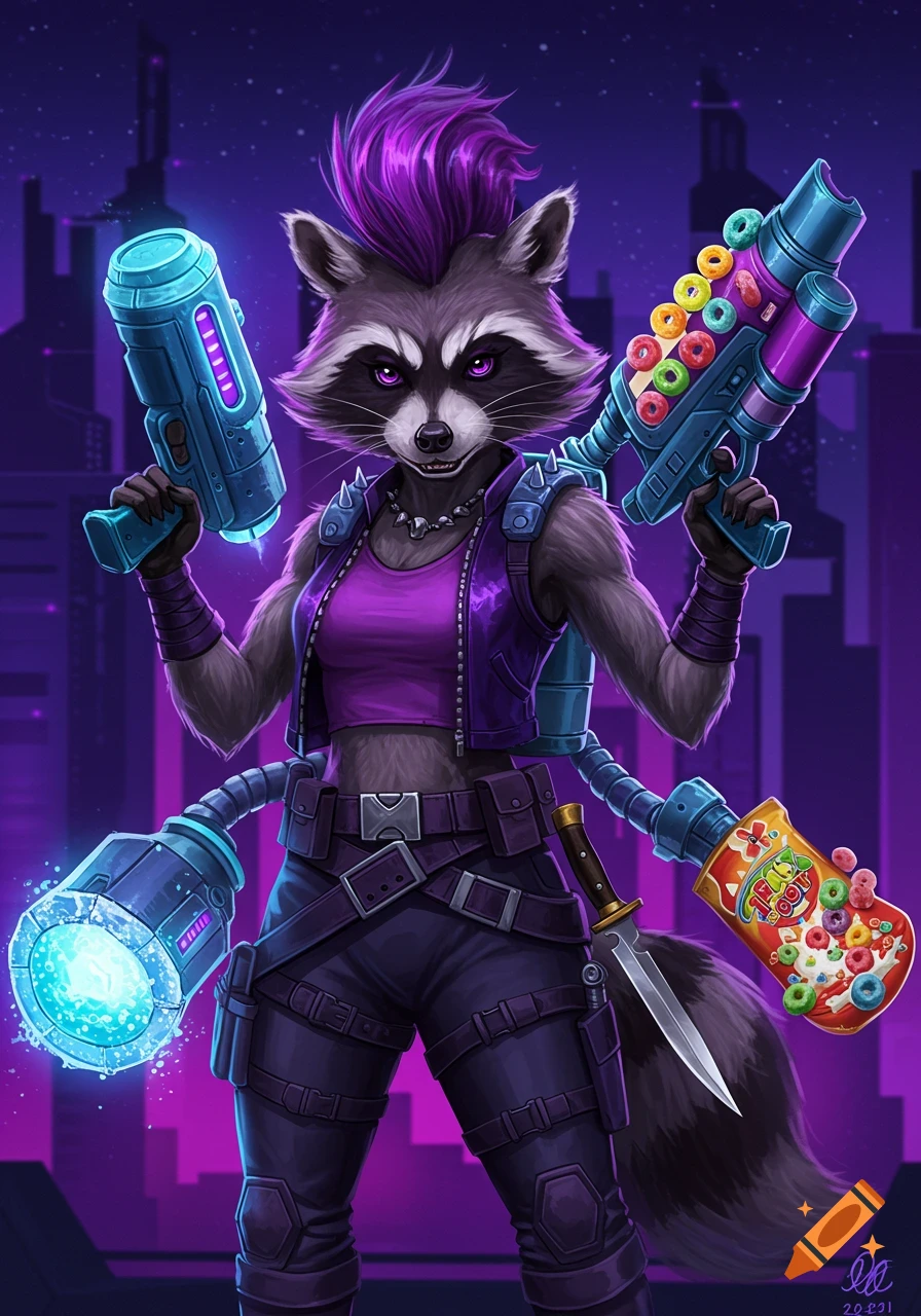 A raccoon character with a purple mohawk holds sci-fi weapons including a fruit loop gun, standing in front of a city skyline at night.