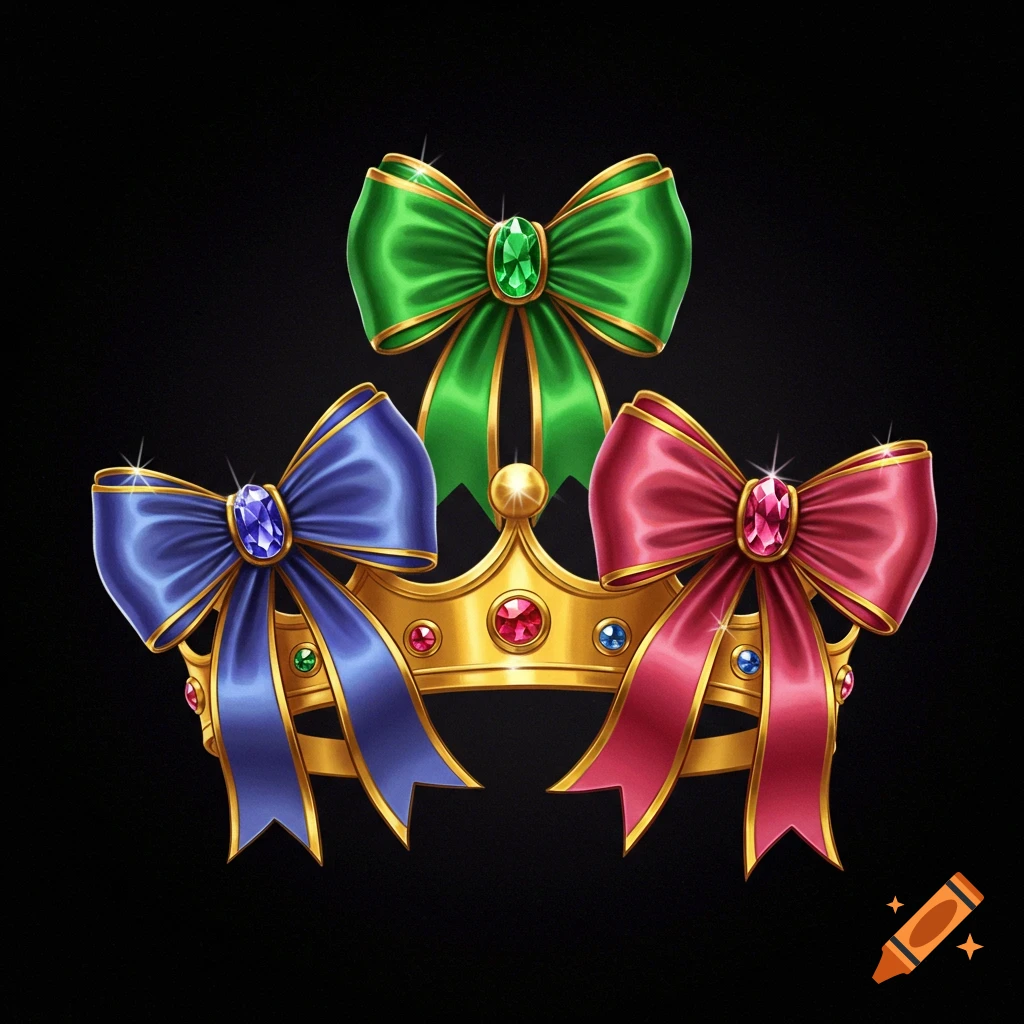 A golden crown adorned with three large jewel-centered ribbons in green, blue, and red on a black background.