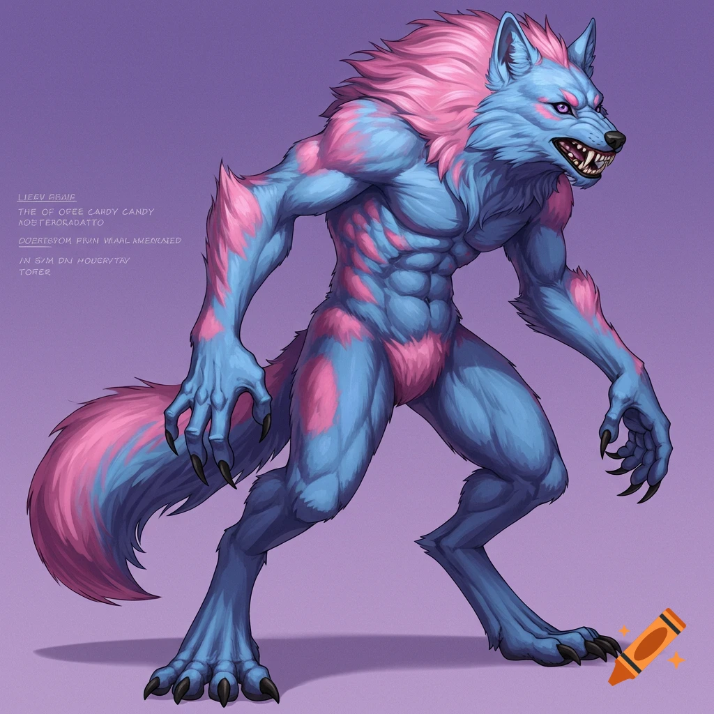Muscular blue and pink cotton candy colored werewolf standing.