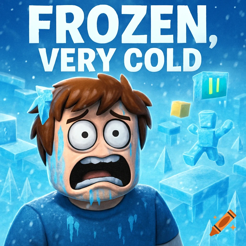 Cartoon character looking terrified in an icy landscape with title text.