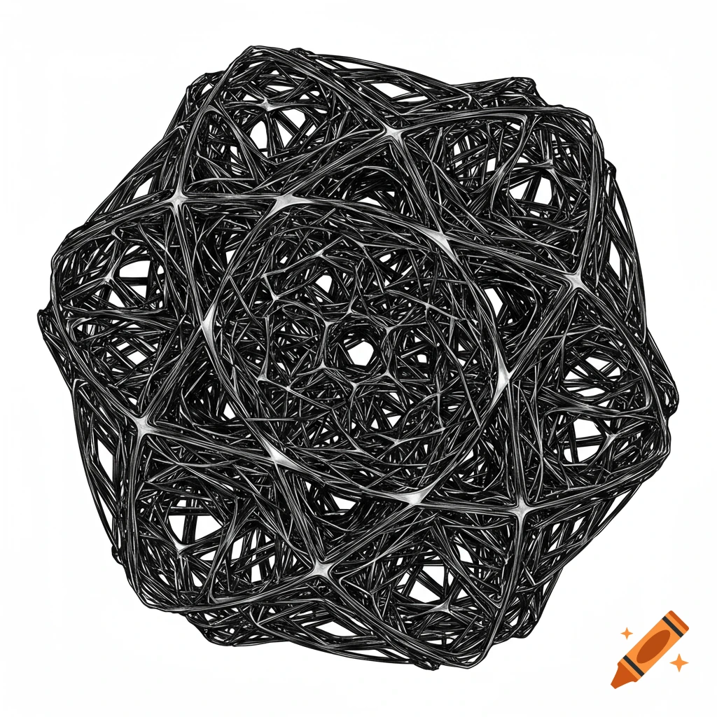 Abstract complex black wireframe shape on white background.