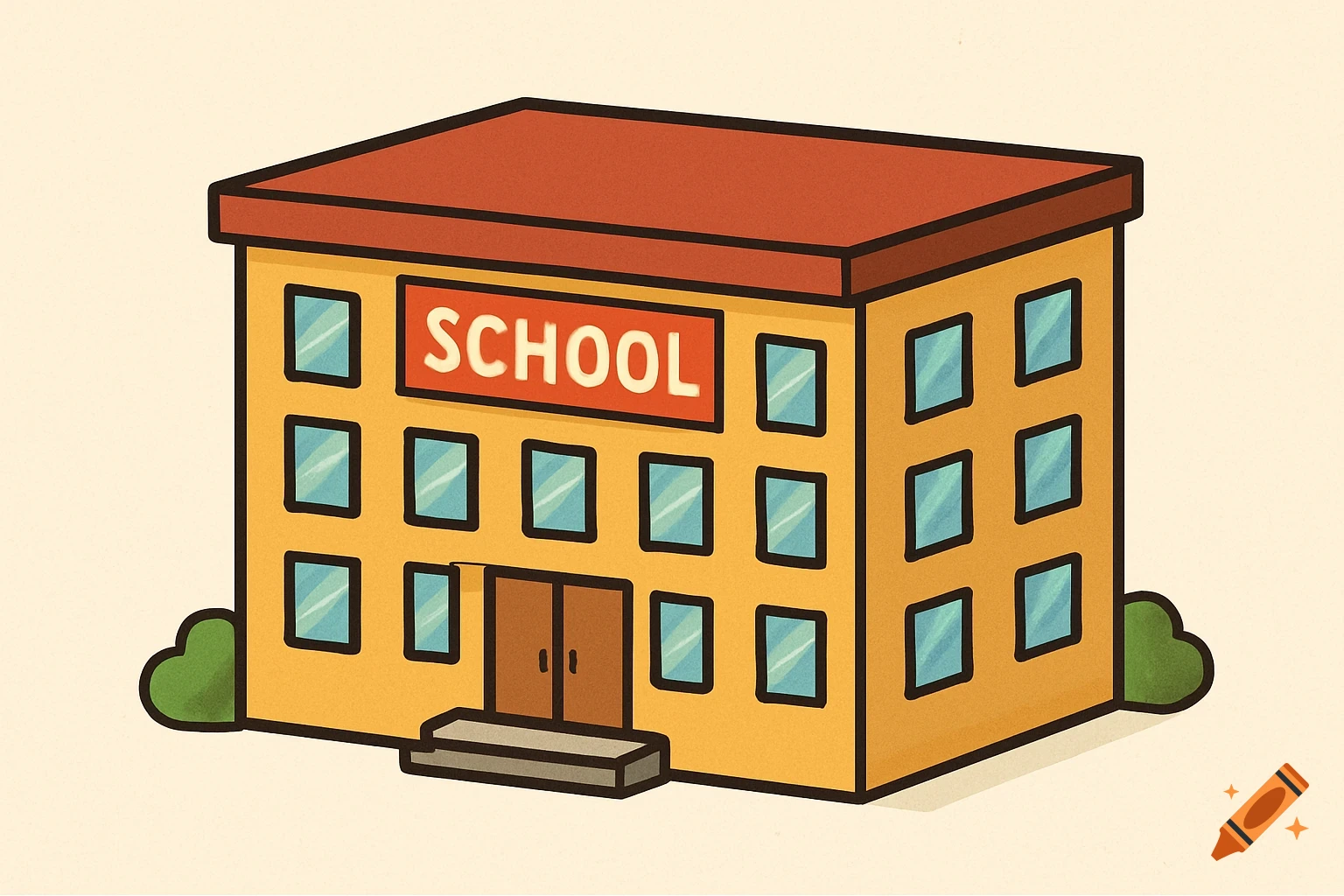 A cartoon illustration of a yellow school building with a red roof and a SCHOOL sign.
